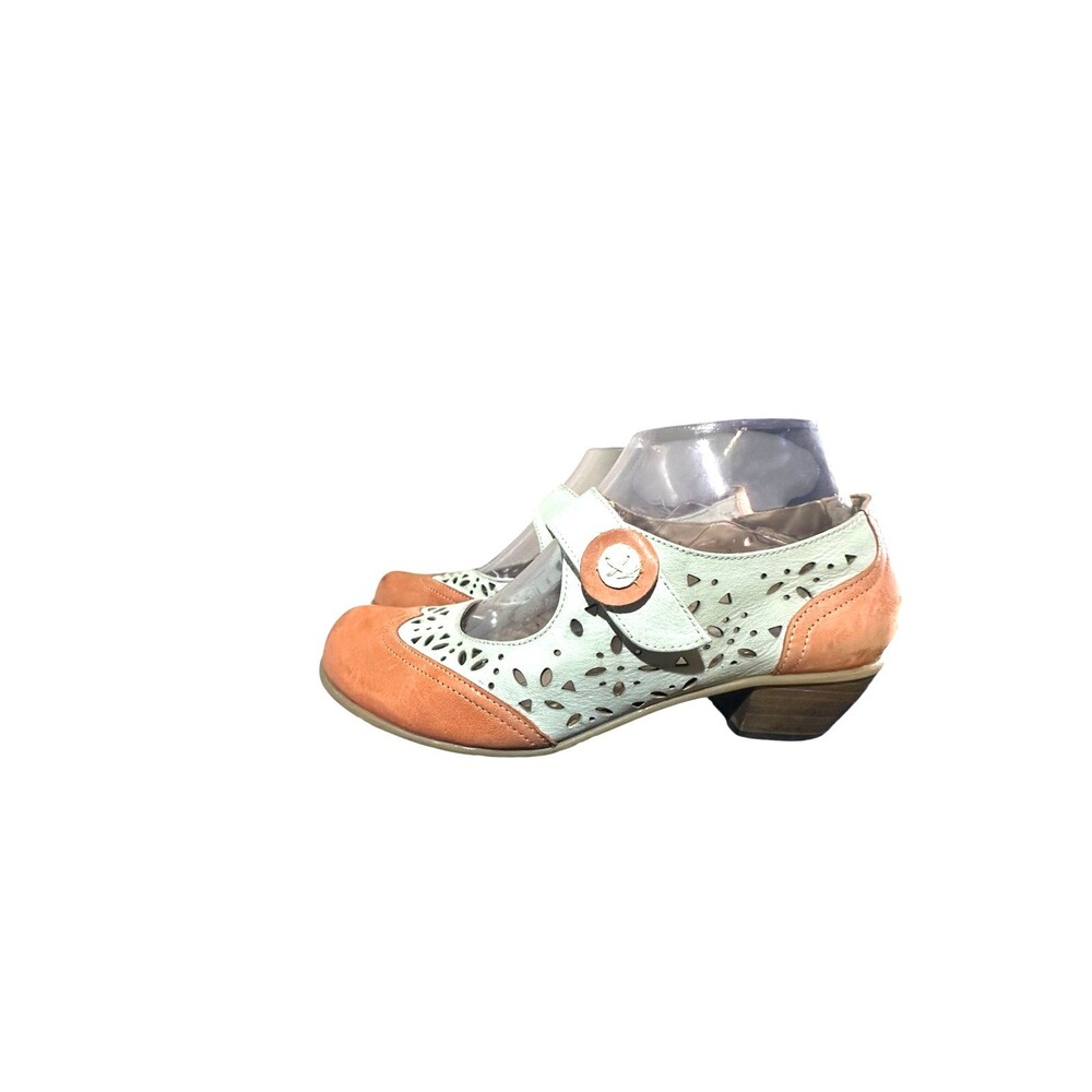 Fidji Womens Sz 36 US 6 Mary Jane Heel Shoes Peach White Leather Hook and Loop